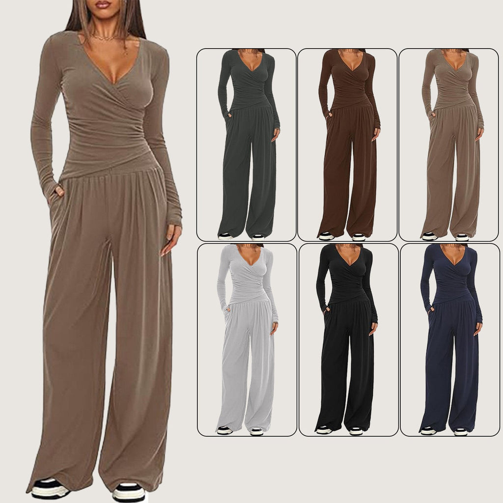 Ruched Wrap Top Wide Leg Yoga Pants Set