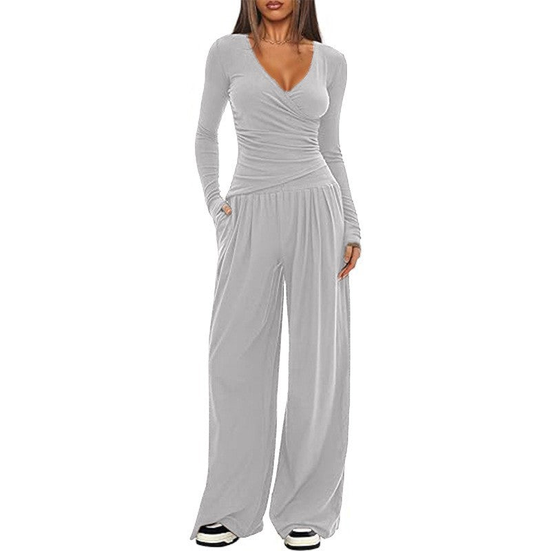 Ruched Wrap Top Wide Leg Yoga Pants Set