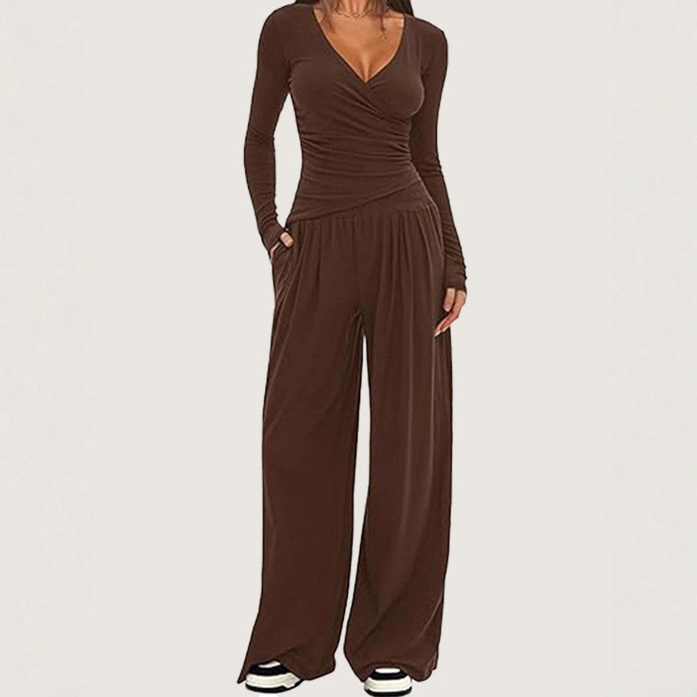 Ruched Wrap Top Wide Leg Yoga Pants Set