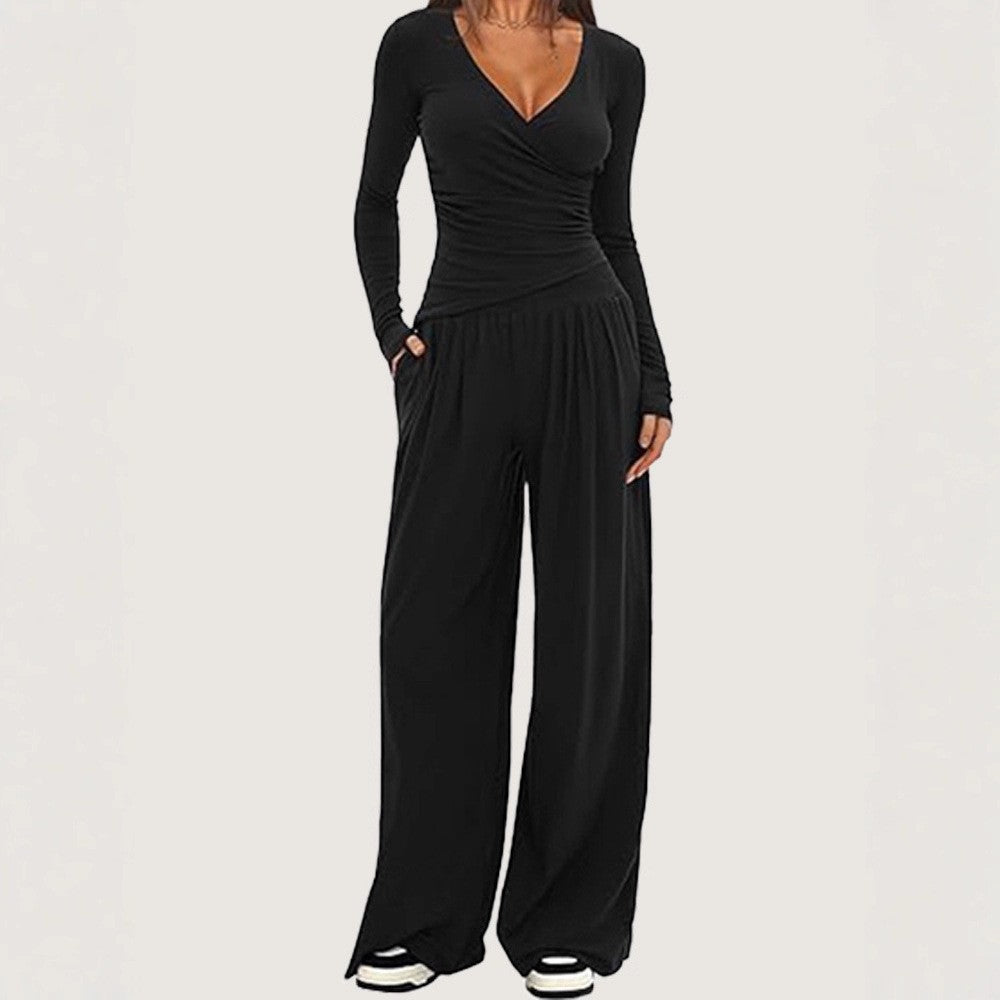 Ruched Wrap Top Wide Leg Yoga Pants Set