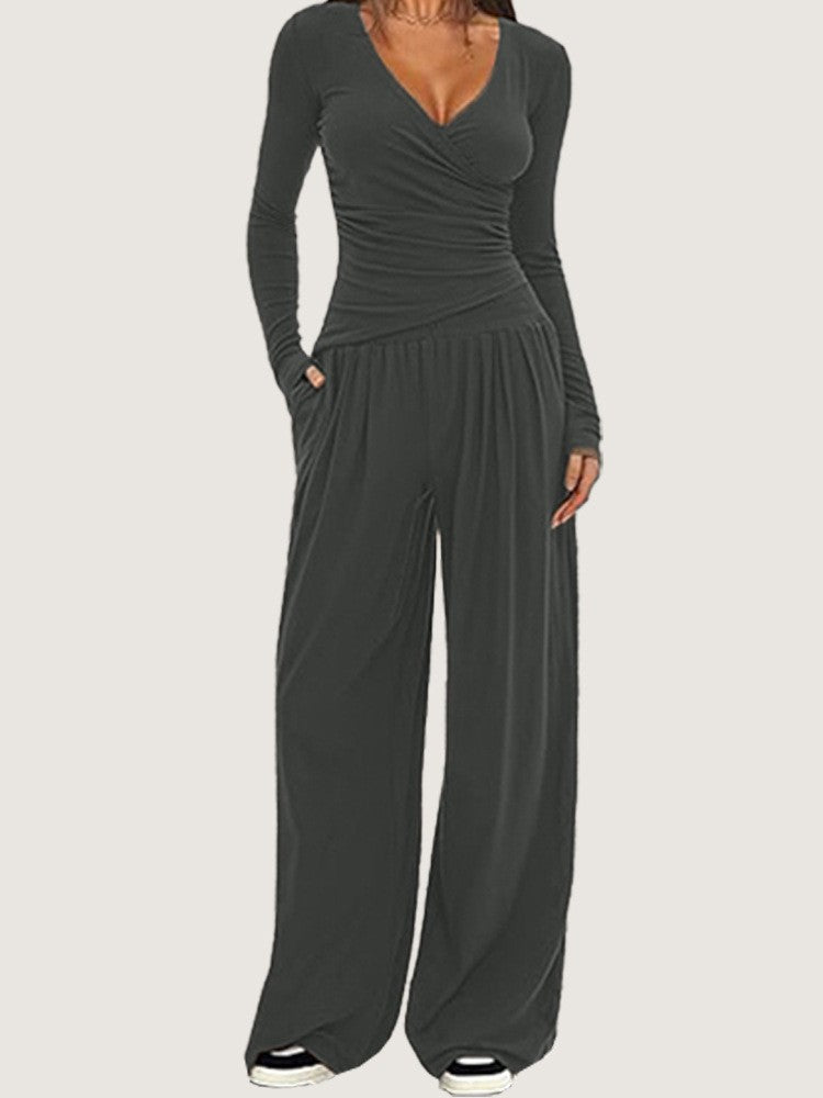 Ruched Wrap Top Wide Leg Yoga Pants Set