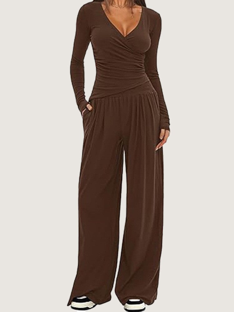 Ruched Wrap Top Wide Leg Yoga Pants Set