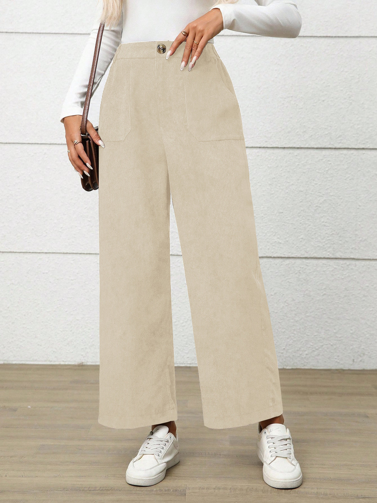 High Waist Corduroy Wide Leg Pants - Apricot