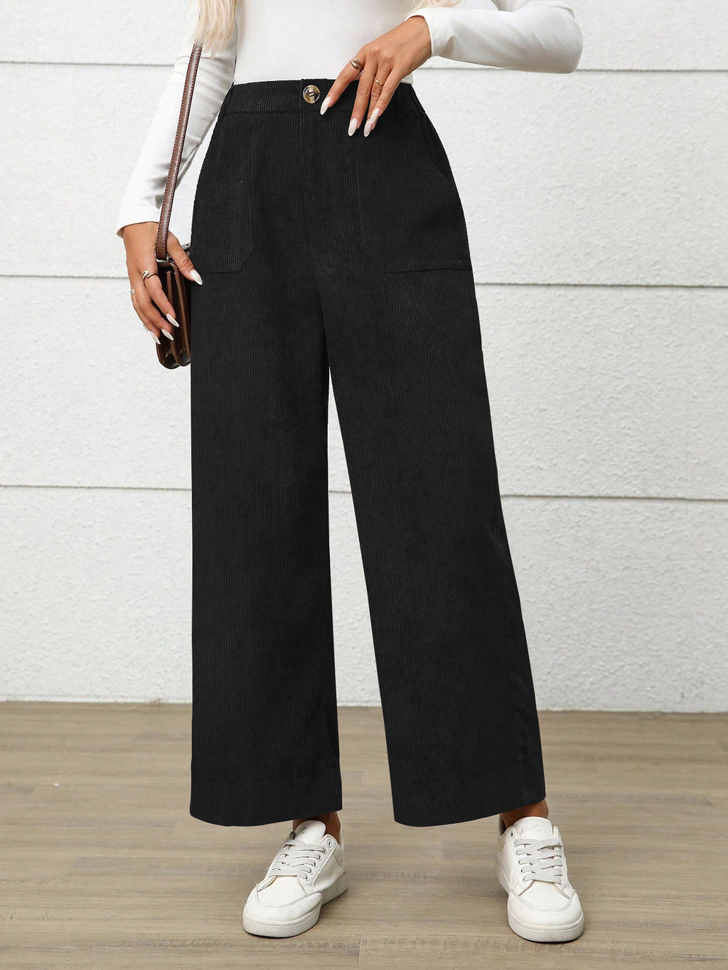 High Waist Corduroy Wide Leg Pants - Black