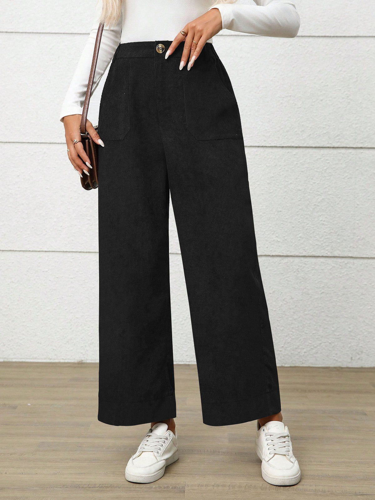 High Waist Corduroy Wide Leg Pants - Black