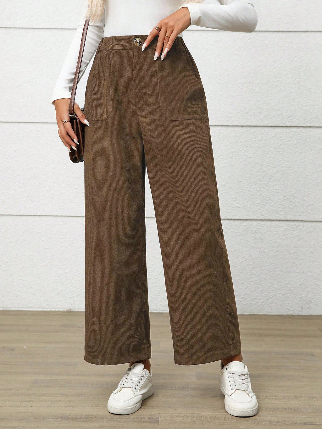 High Waist Corduroy Wide Leg Pants - Brown
