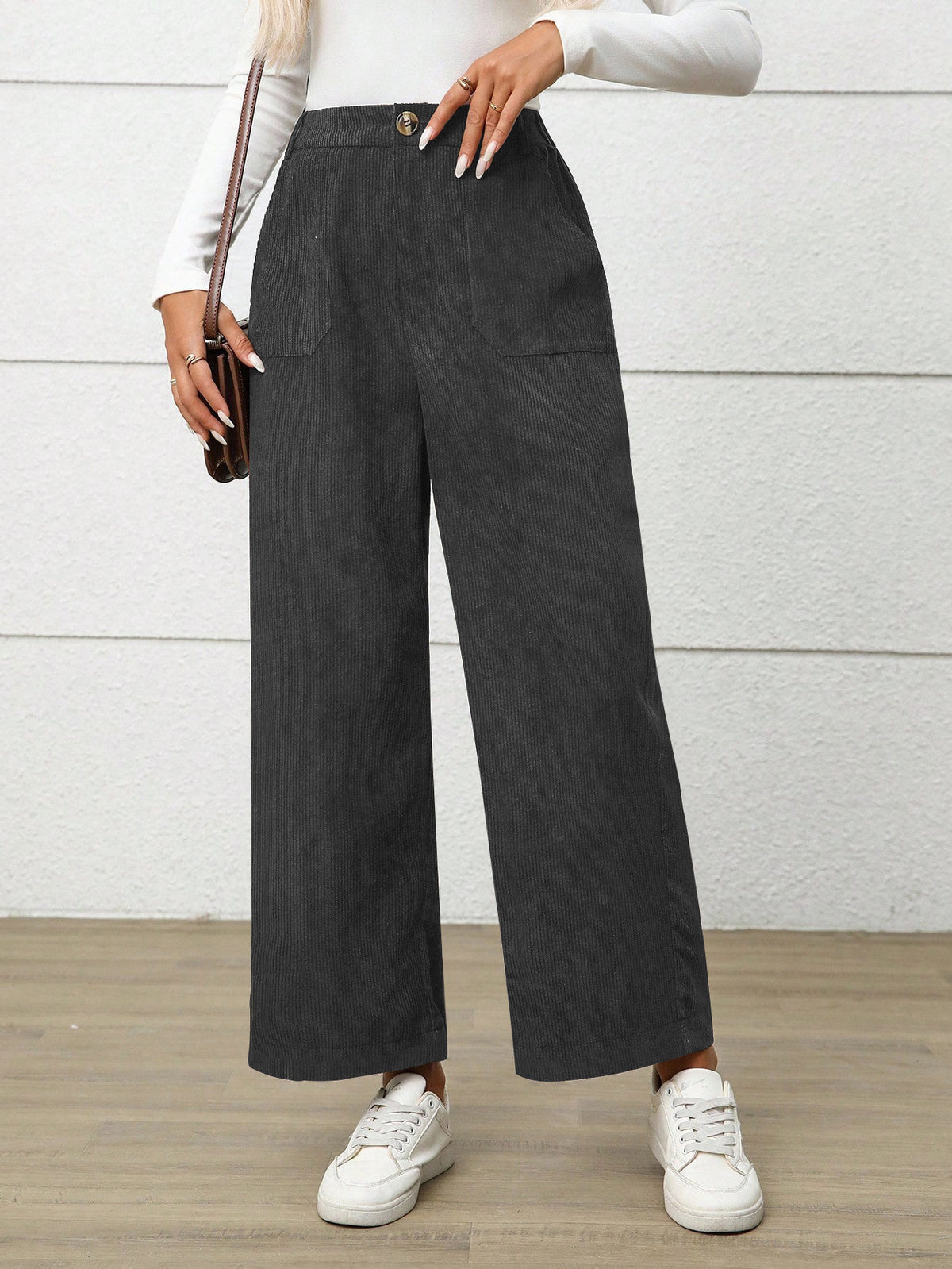 High Waist Corduroy Wide Leg Pants - DarkGray