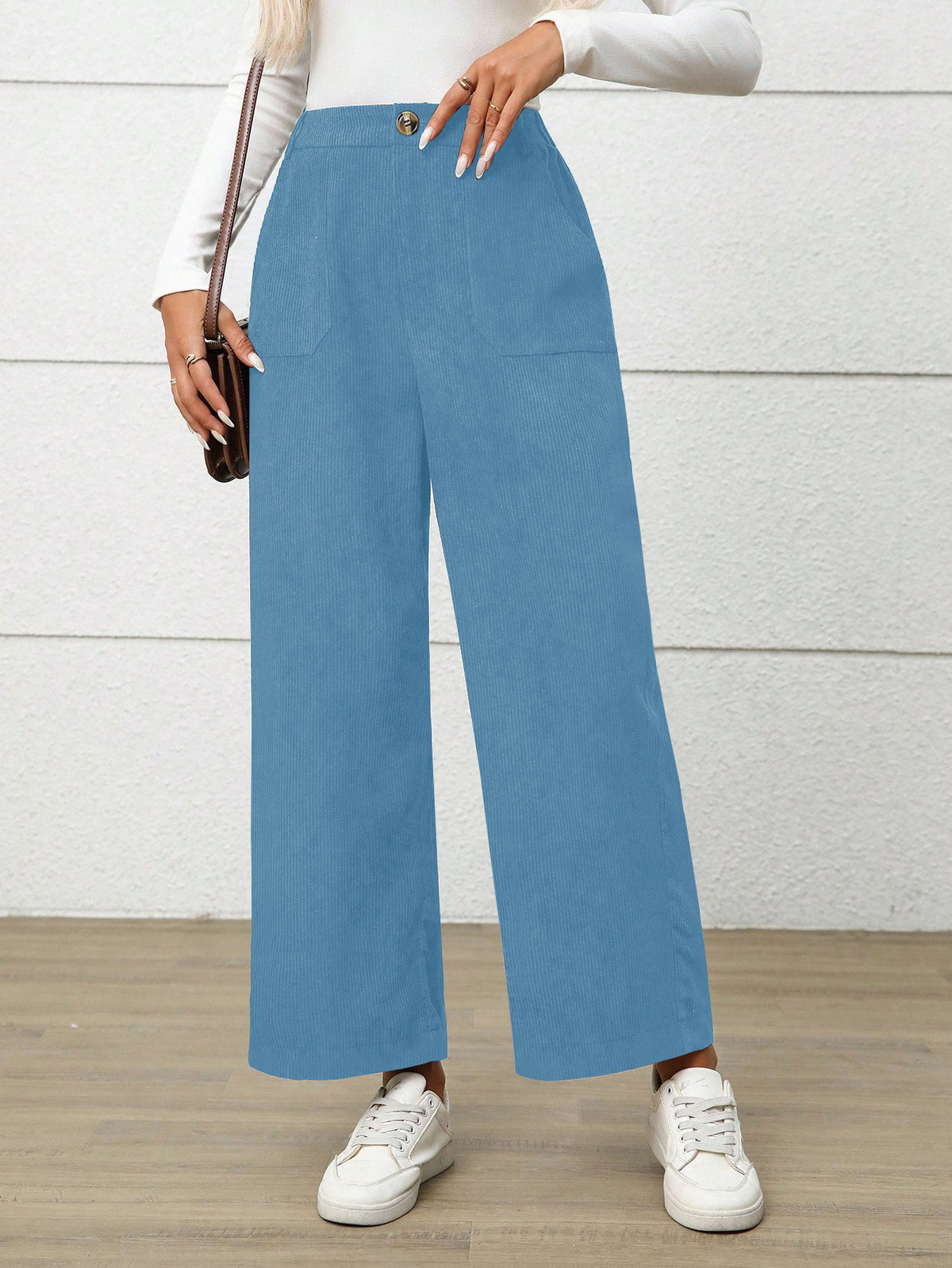 High Waist Corduroy Wide Leg Pants - SkyBlue