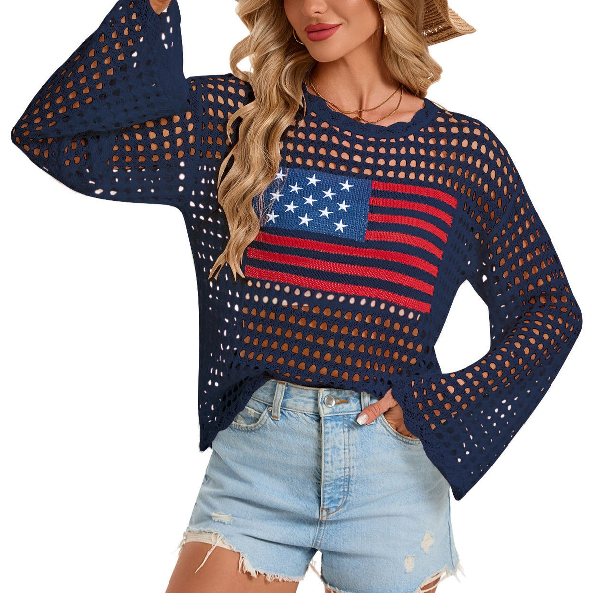 Open Knit Flag Motif Long Sleeve Top - DarkBlue