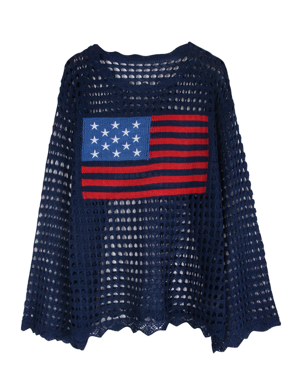 Open Knit Flag Motif Long Sleeve Top - DarkBlue - 1