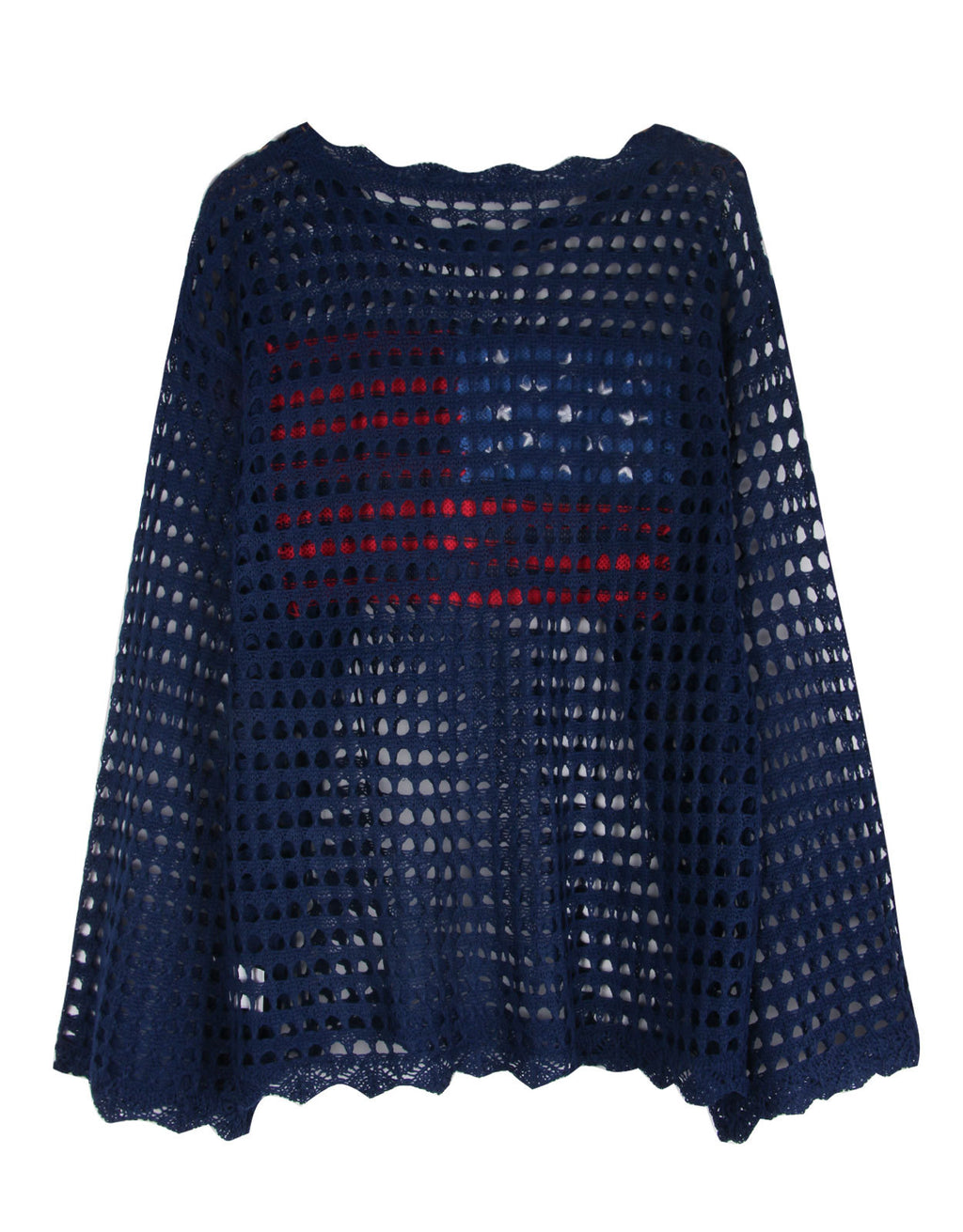 Open Knit Flag Motif Long Sleeve Top - DarkBlue - 2