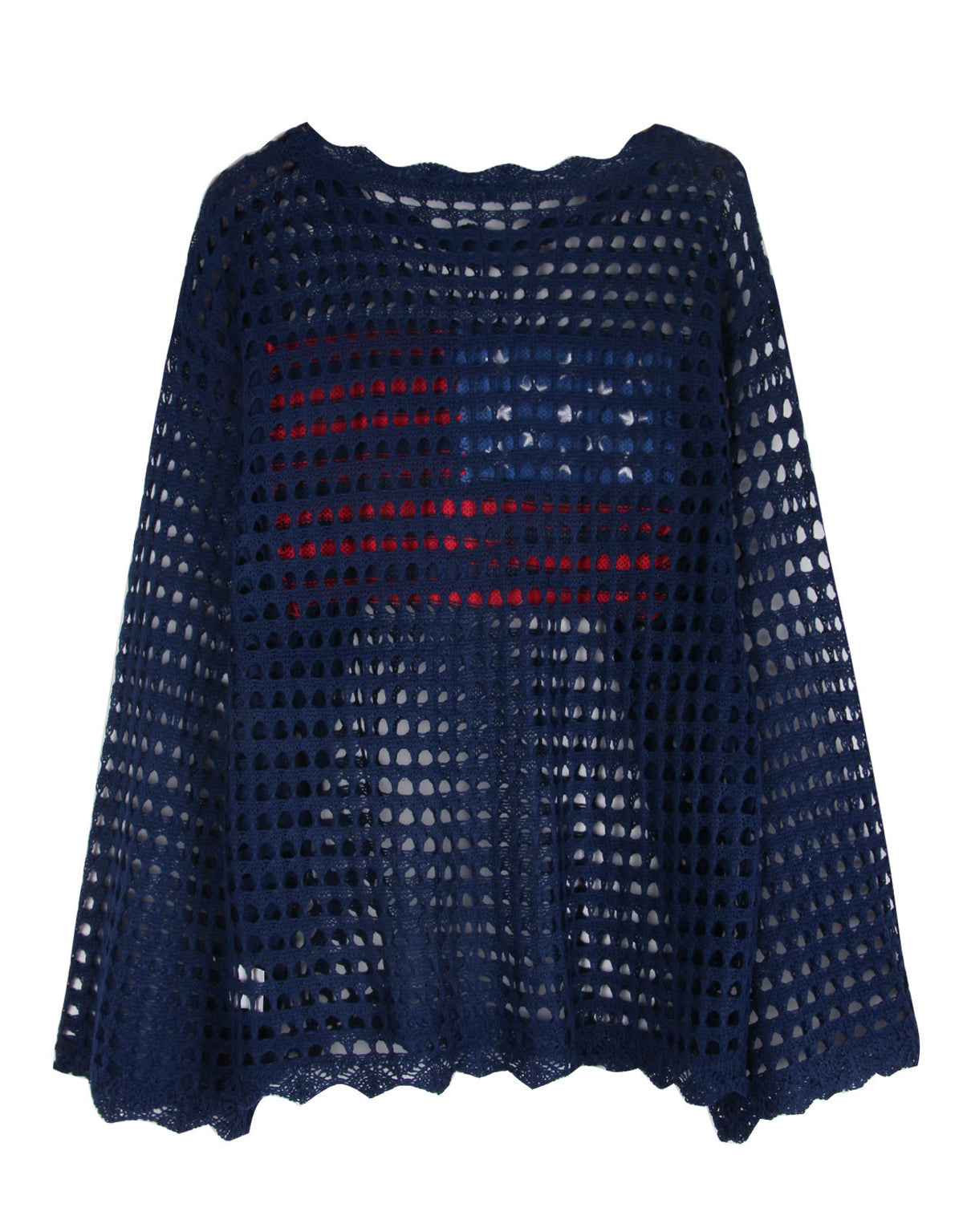 Open Knit Flag Motif Long Sleeve Top - DarkBlue - 2