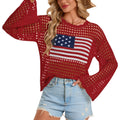 Open Knit Flag Motif Long Sleeve Top - Red