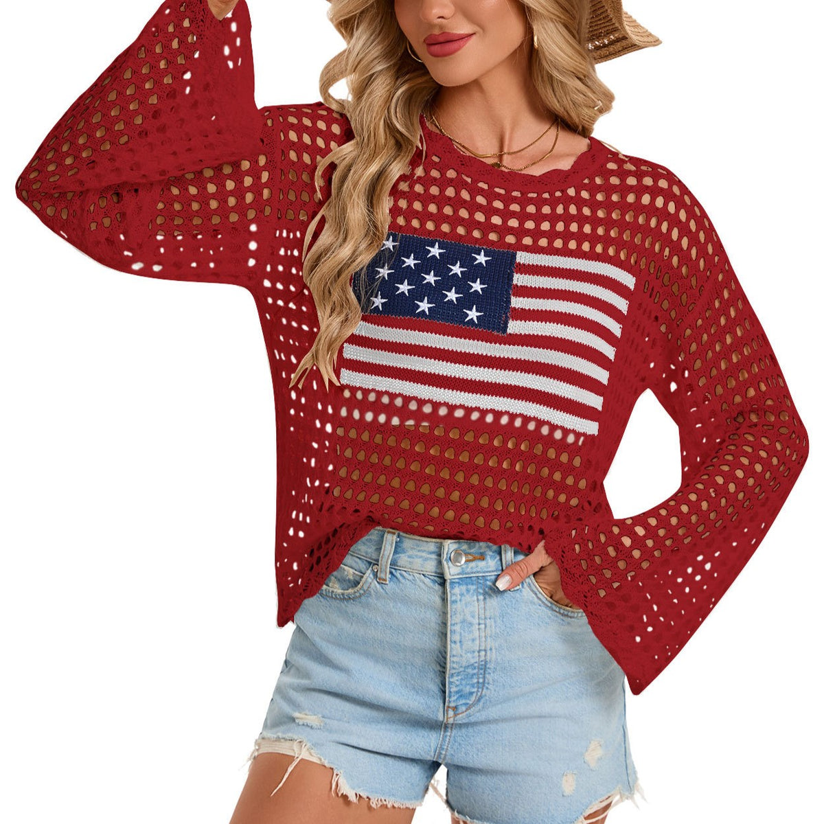 Open Knit Flag Motif Long Sleeve Top - Red