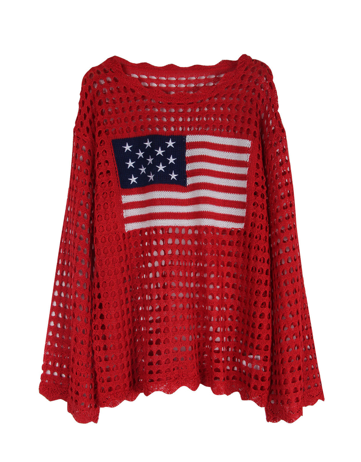 Open Knit Flag Motif Long Sleeve Top - Red - 1