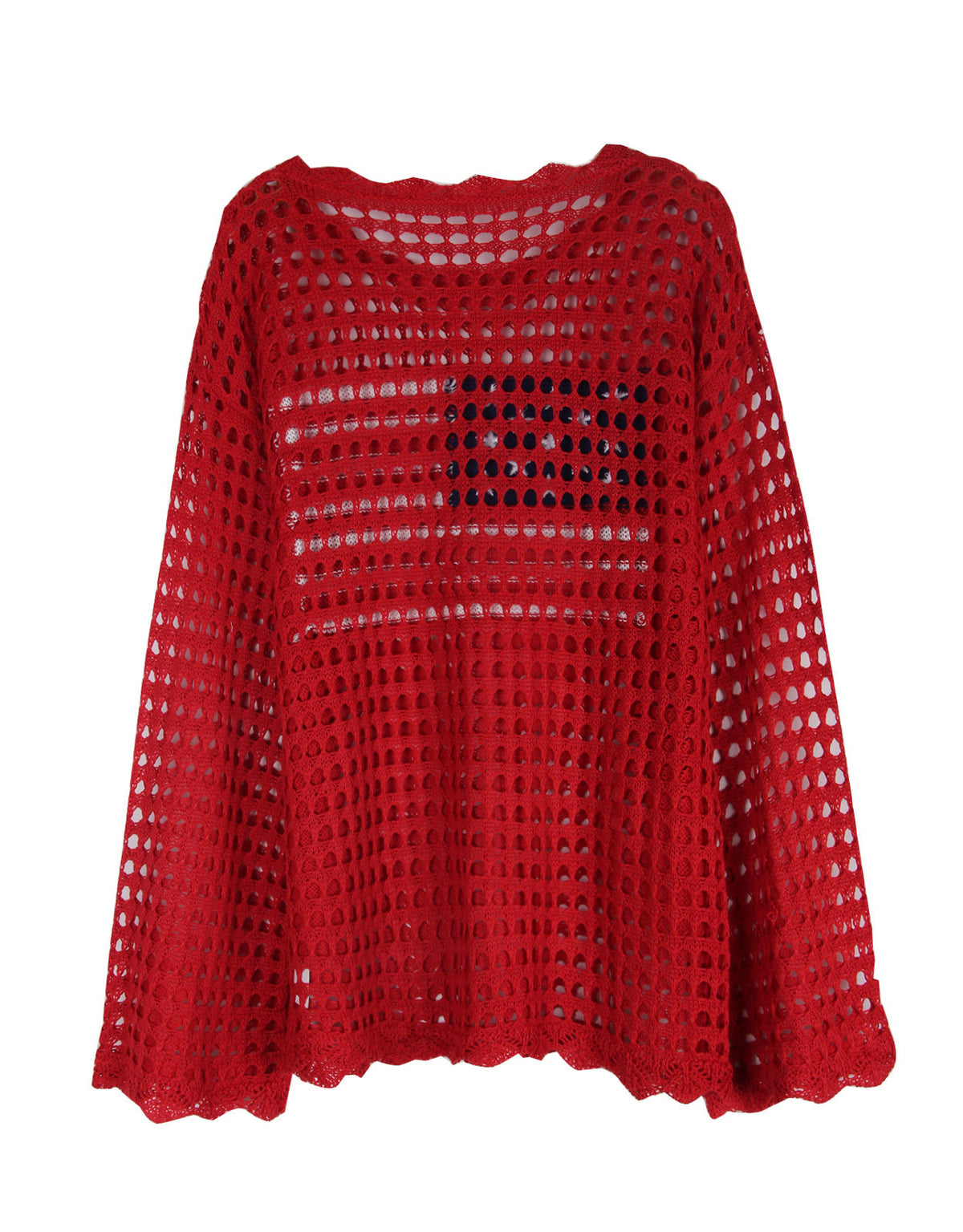Open Knit Flag Motif Long Sleeve Top - Red - 2