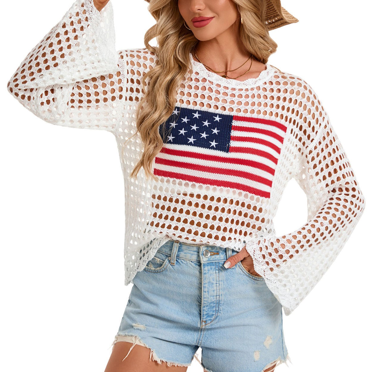 Open Knit Flag Motif Long Sleeve Top - White