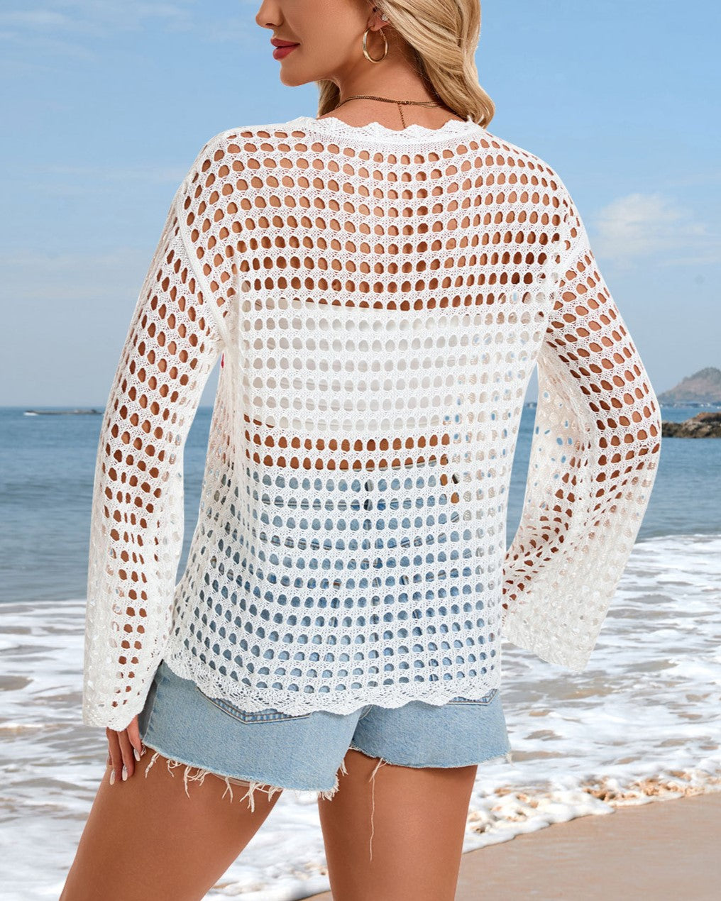 Open Knit Flag Motif Long Sleeve Top - White - 3