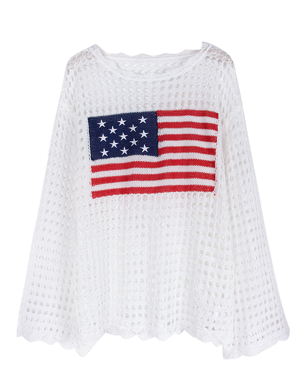 Open Knit Flag Motif Long Sleeve Top - White - 4