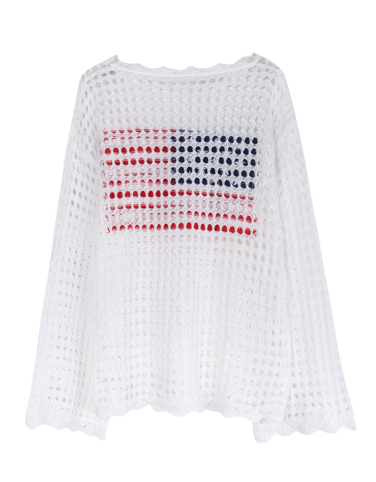 Open Knit Flag Motif Long Sleeve Top - White - 5