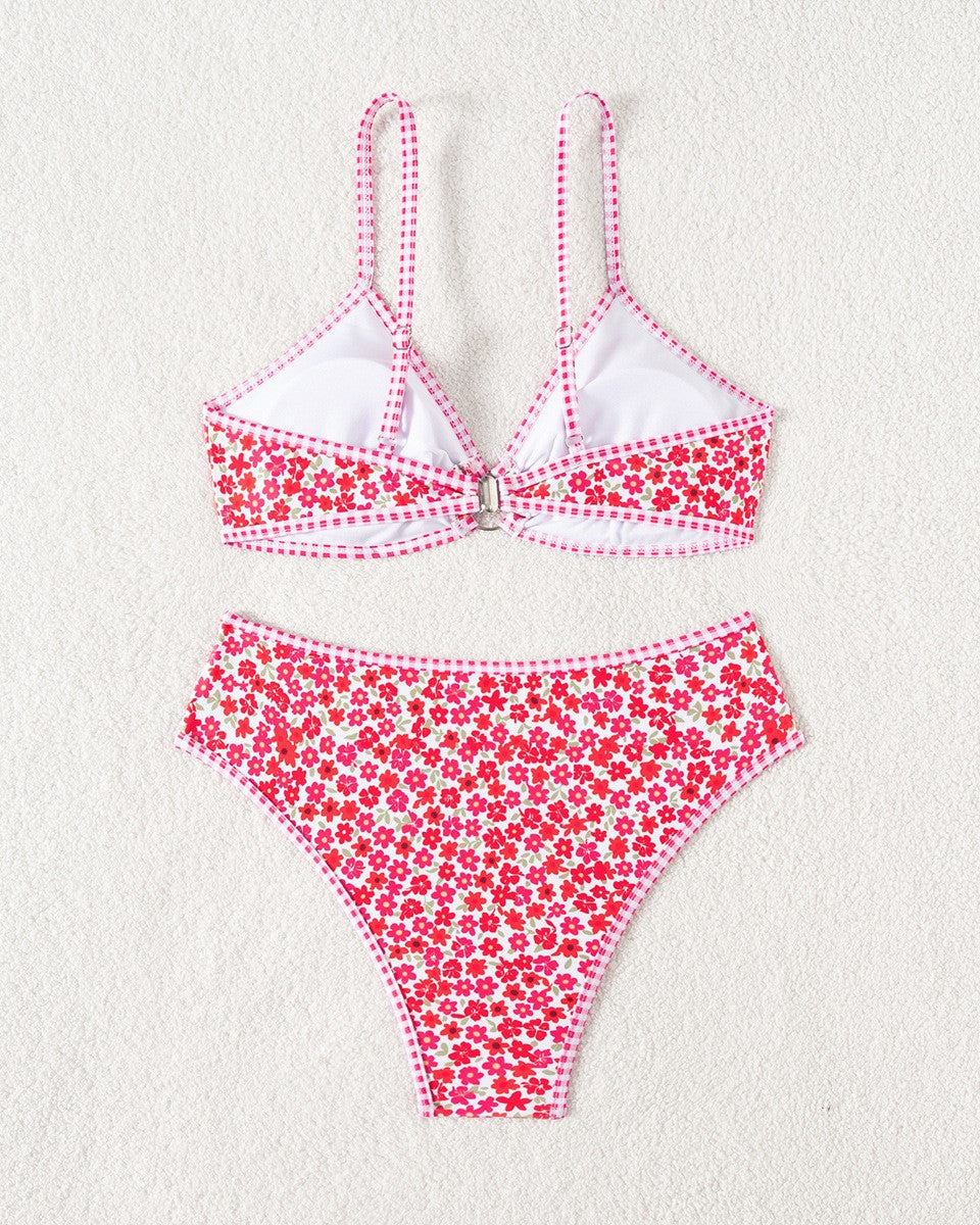 Whipstitch Trim Floral Two Piece Swimsuit - C1 - 1