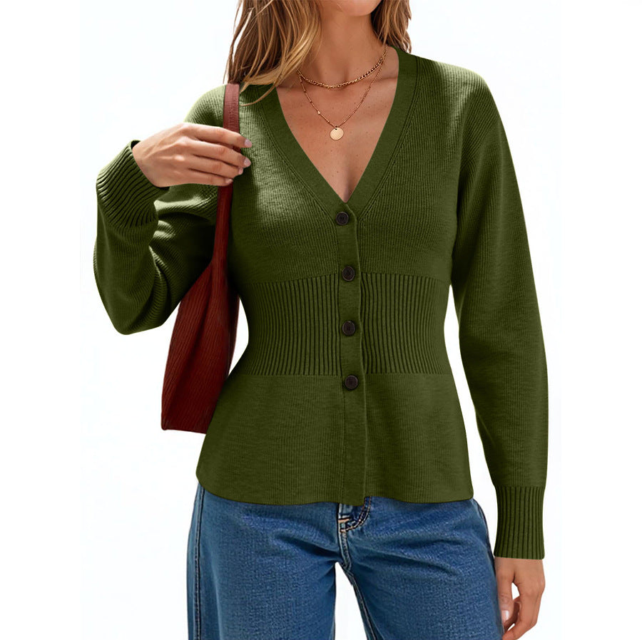 Peplum Waist V-Neck Button Cardigan - Forest