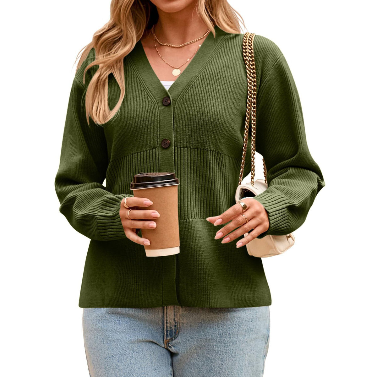 Peplum Waist V-Neck Button Cardigan - Forest - 1