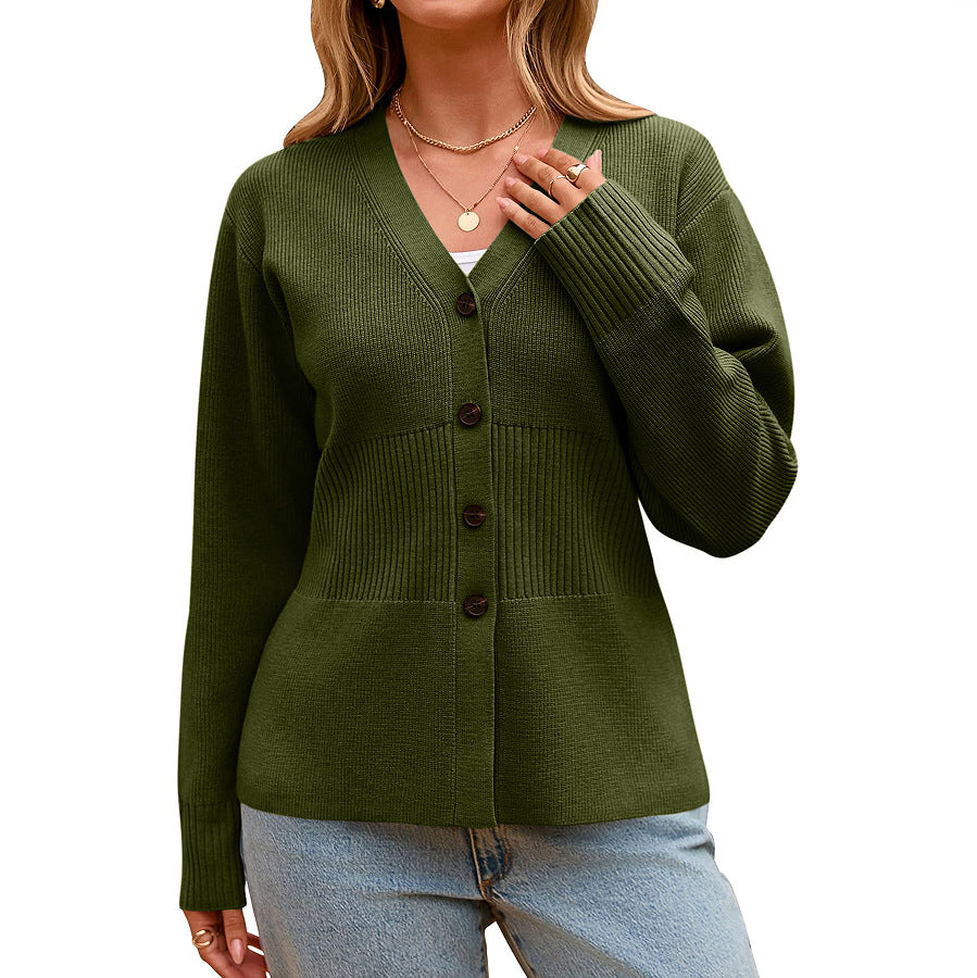 Peplum Waist V-Neck Button Cardigan - Forest - 2