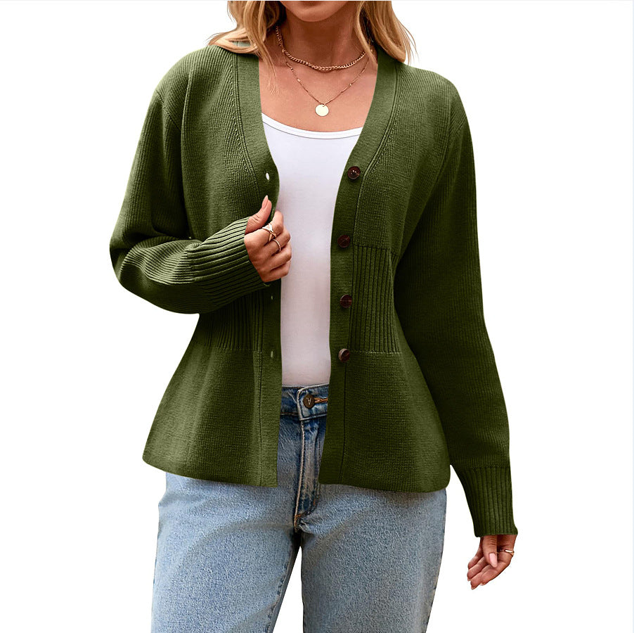 Peplum Waist V-Neck Button Cardigan - Forest - 3