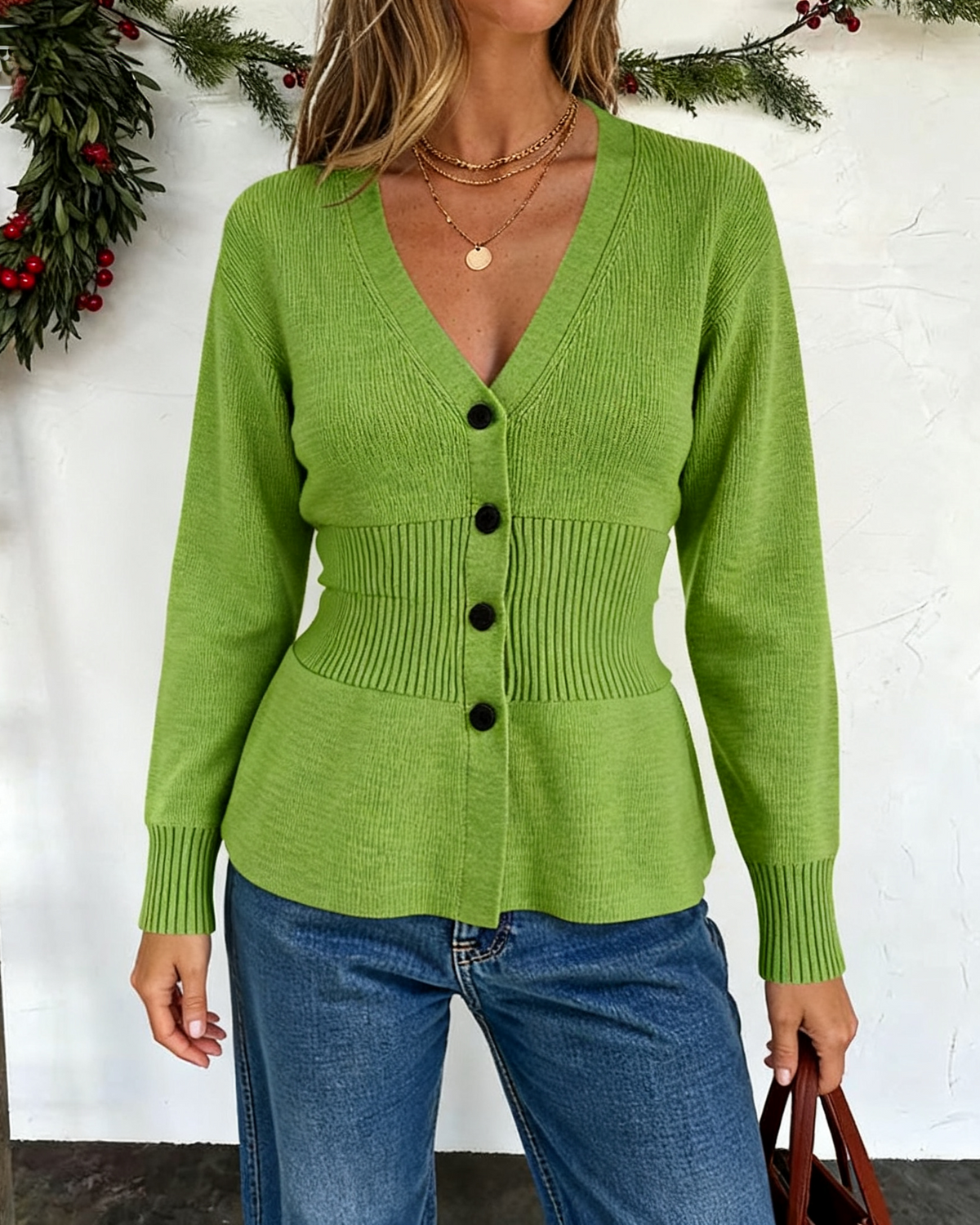 Peplum Waist V-Neck Button Cardigan - Green