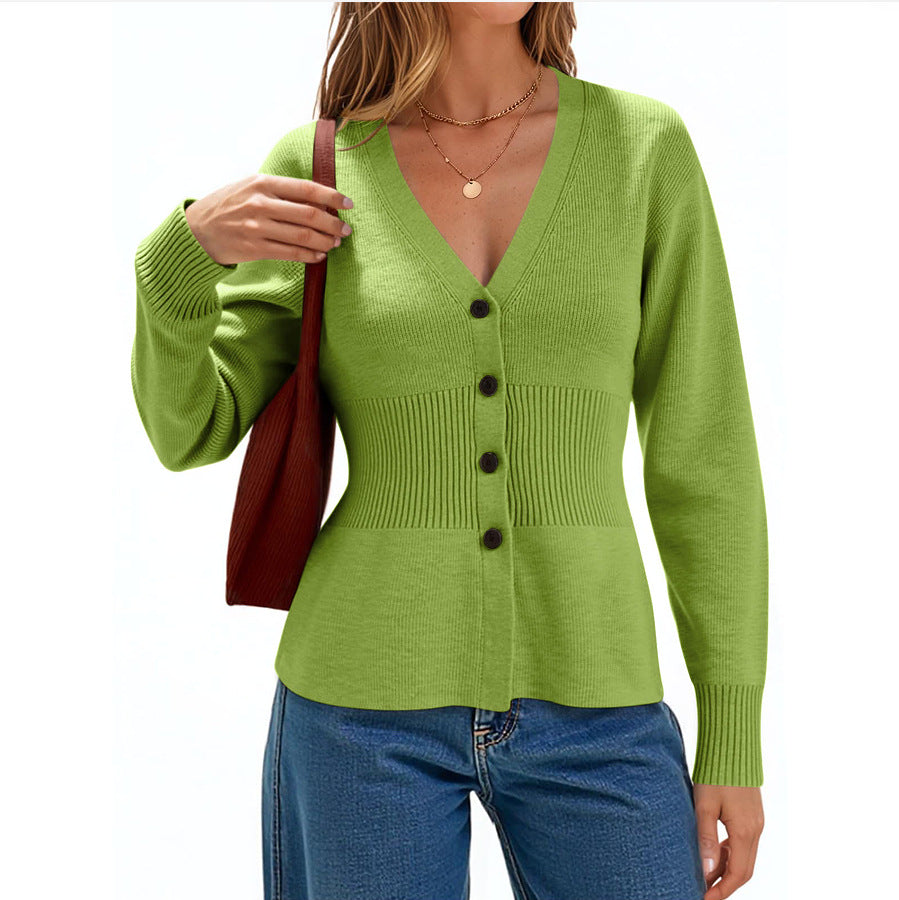 Peplum Waist V-Neck Button Cardigan - Green - 1