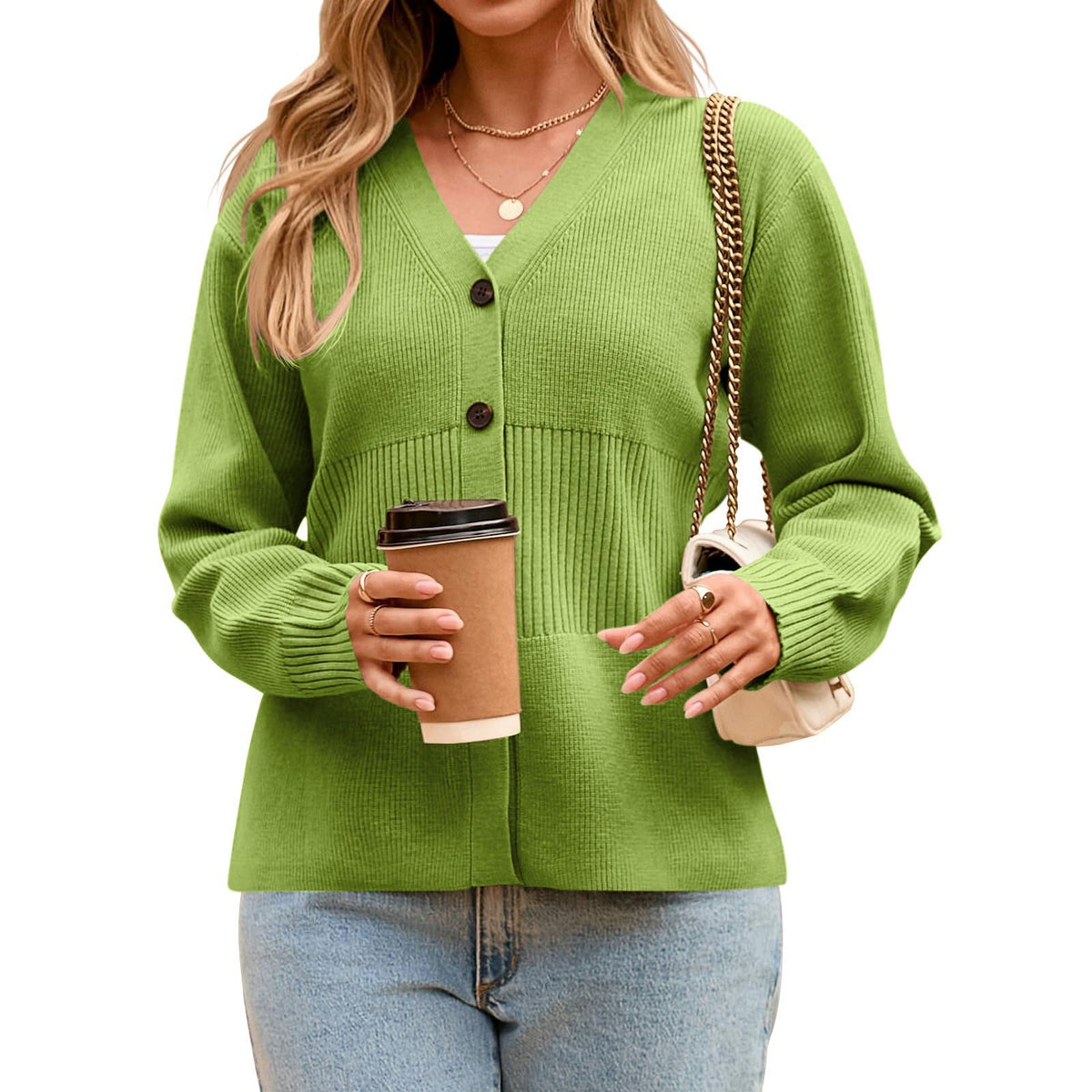 Peplum Waist V-Neck Button Cardigan - Green - 2