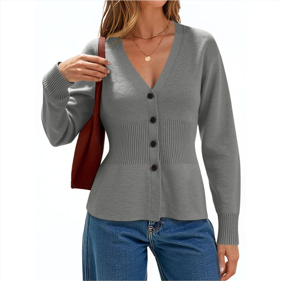 Peplum Waist V-Neck Button Cardigan - Grey