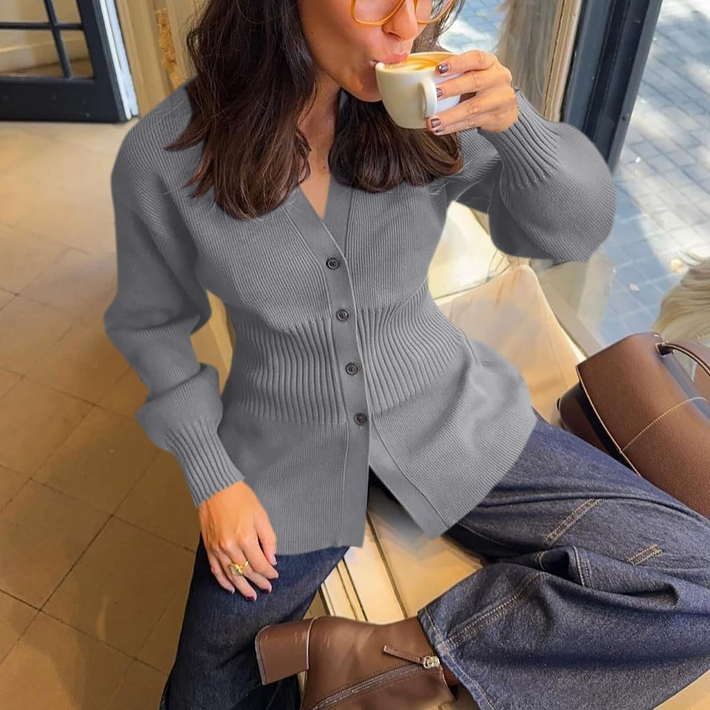 Peplum Waist V-Neck Button Cardigan - Grey - 1