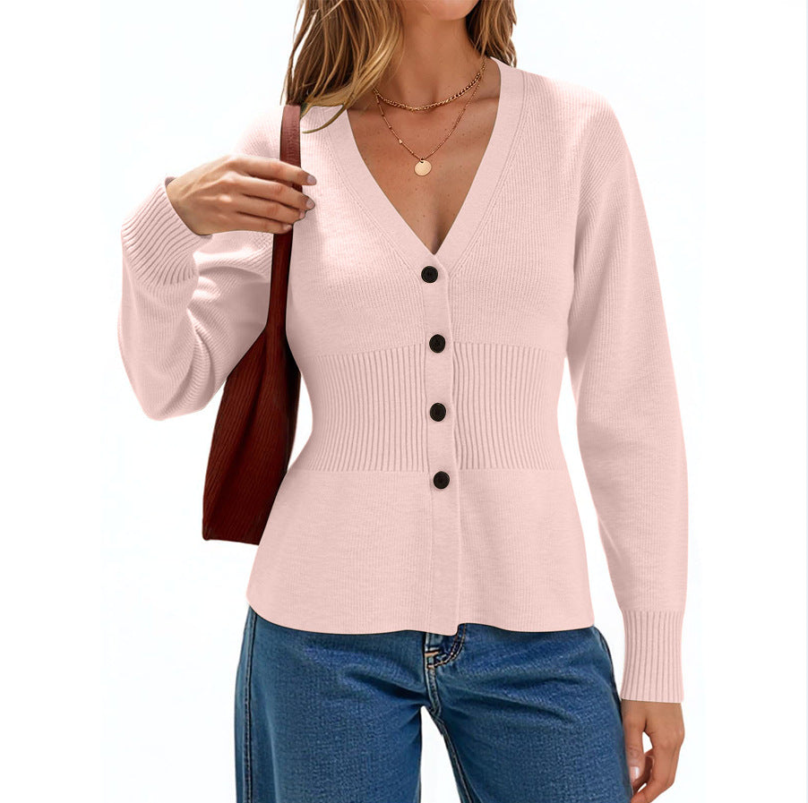 Peplum Waist V-Neck Button Cardigan - Pink