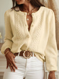 Pointelle Cable Puff Sleeve Button Cardigan - cream