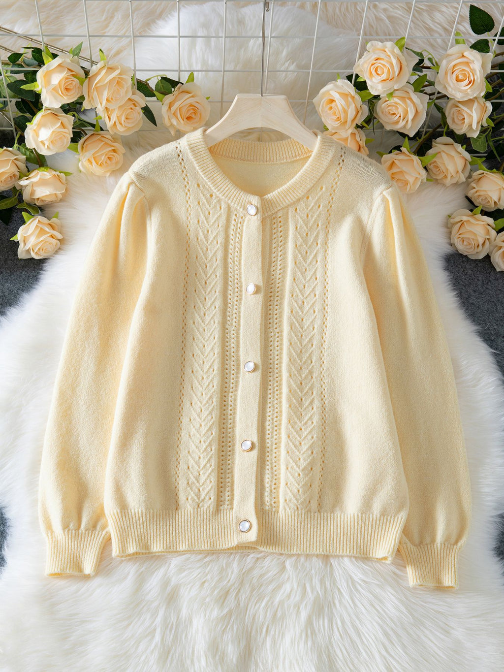 Pointelle Cable Puff Sleeve Button Cardigan - cream - 1