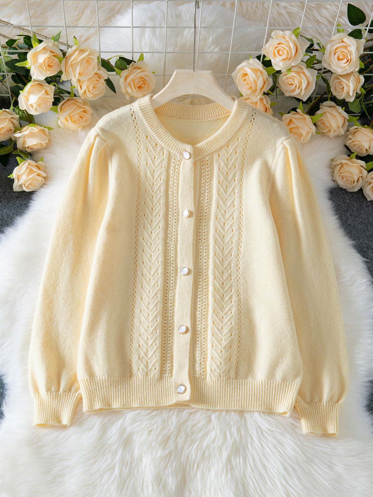 Pointelle Cable Puff Sleeve Button Cardigan - cream - 1