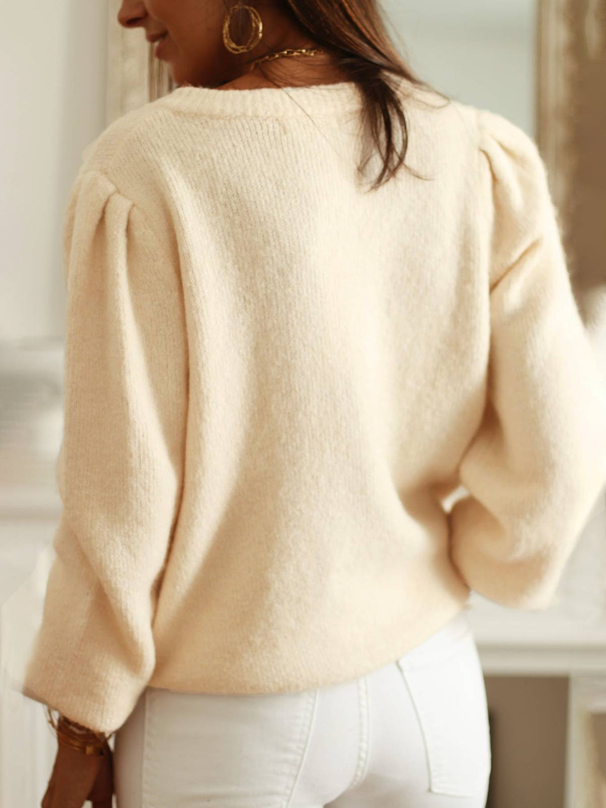 Pointelle Cable Puff Sleeve Button Cardigan - cream - 3