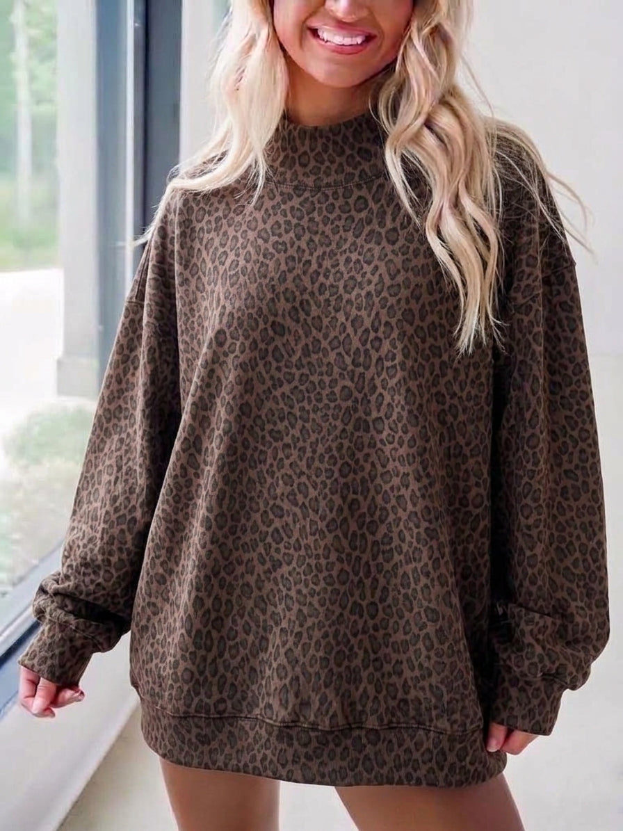 Brown Leopard Print Drop Shoulder Oversized Sweatshirt - Leo