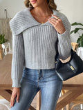 Oversized Foldover Collar Ribbed Knit Sweater - grey