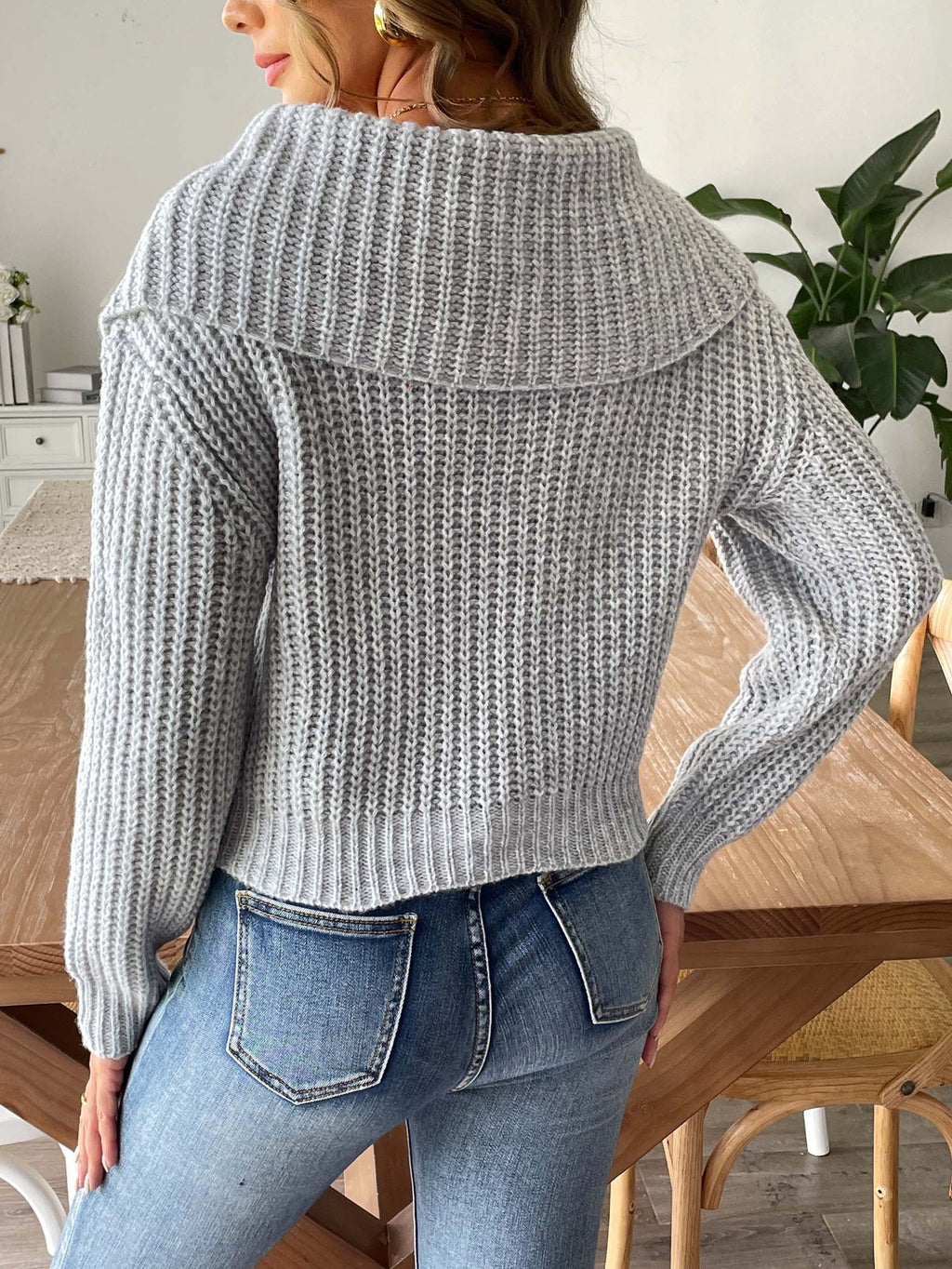 Oversized Foldover Collar Ribbed Knit Sweater - grey - 5