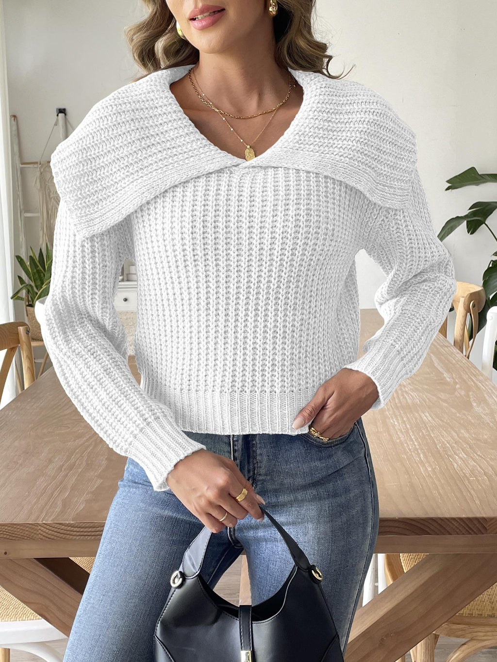 Oversized Foldover Collar Ribbed Knit Sweater - white