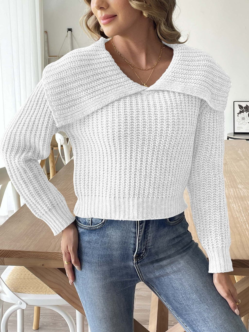 Oversized Foldover Collar Ribbed Knit Sweater - white - 1