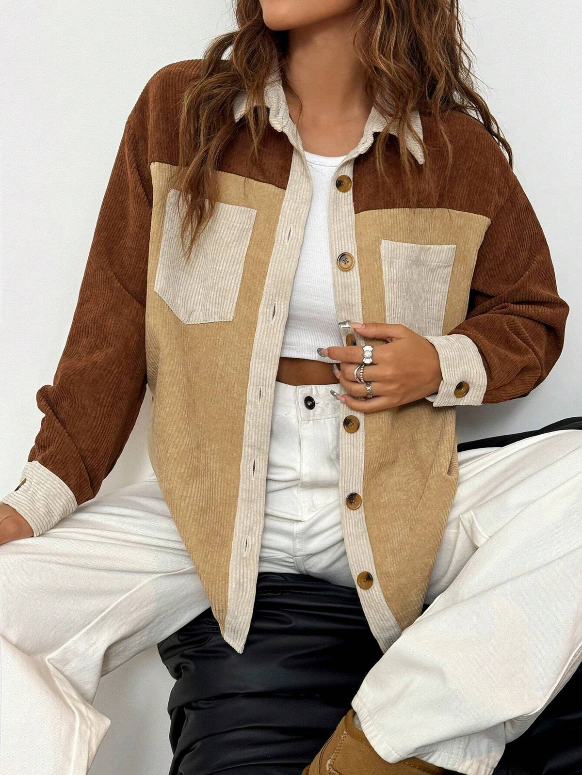 Corduroy Color Block Patchwork Shacket - Brown