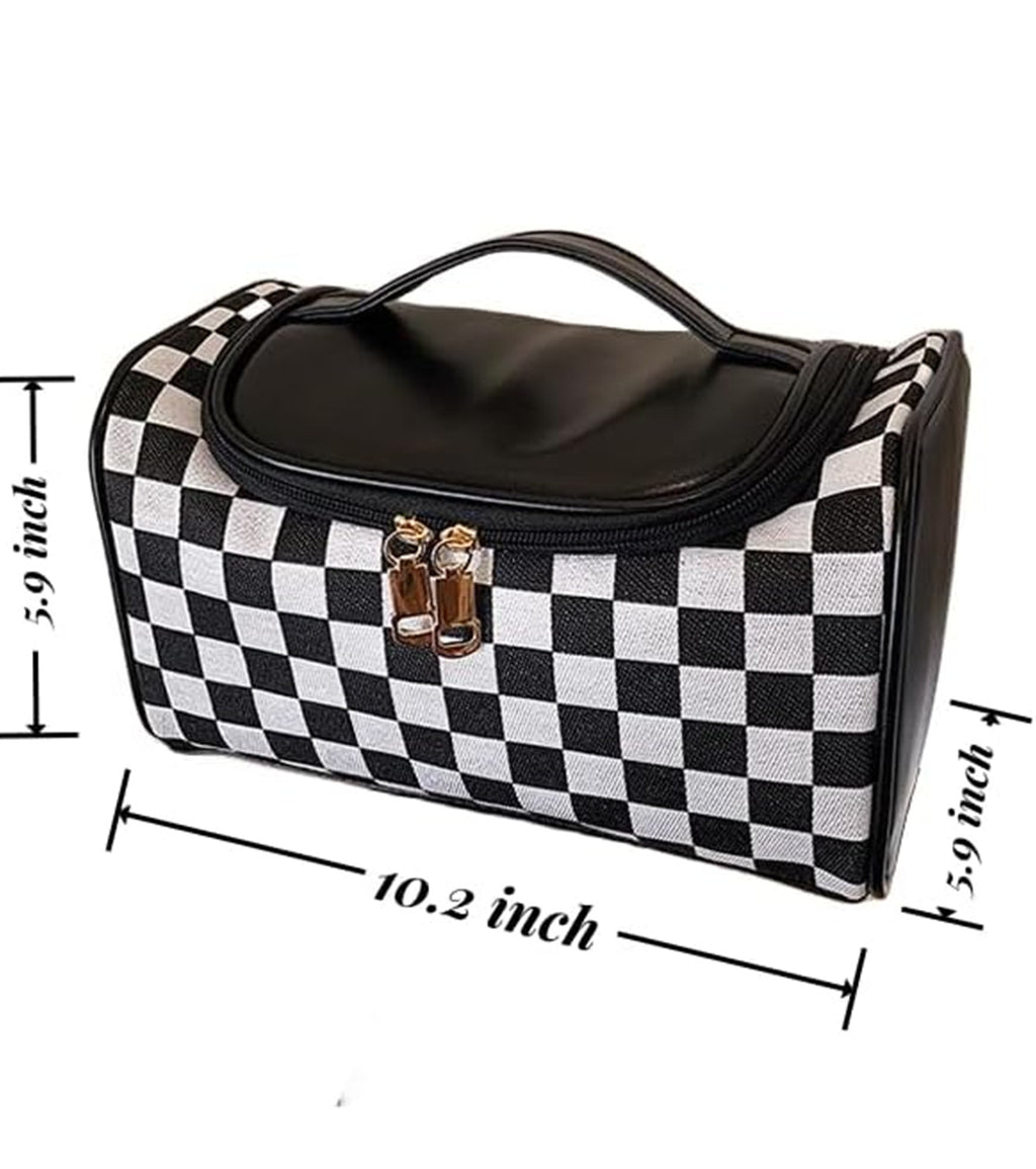 Checkered Travel Toiletry Bag With Handle - Black - 1