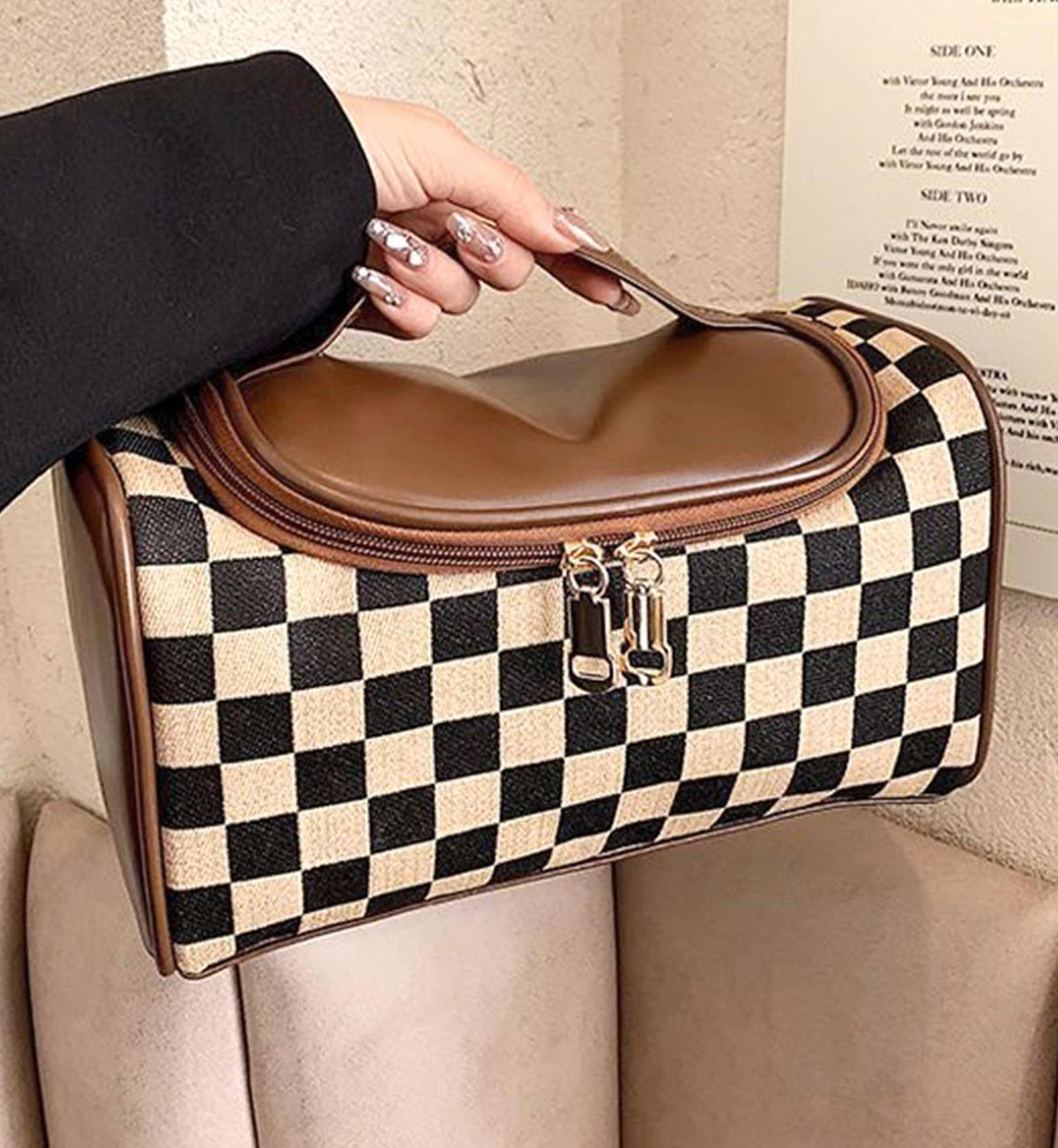 Checkered Travel Toiletry Bag With Handle - Coffee - 1