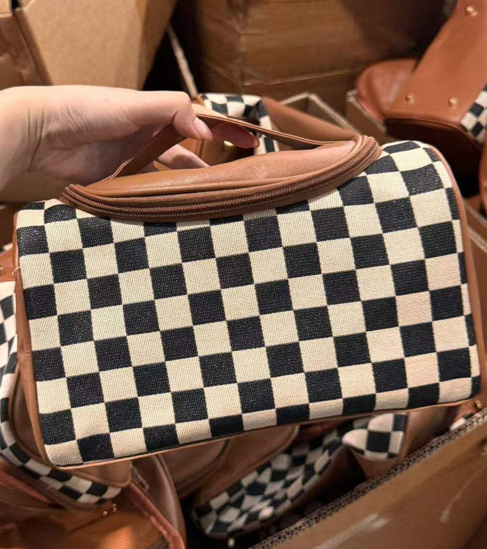 Checkered Travel Toiletry Bag With Handle - Coffee - 2