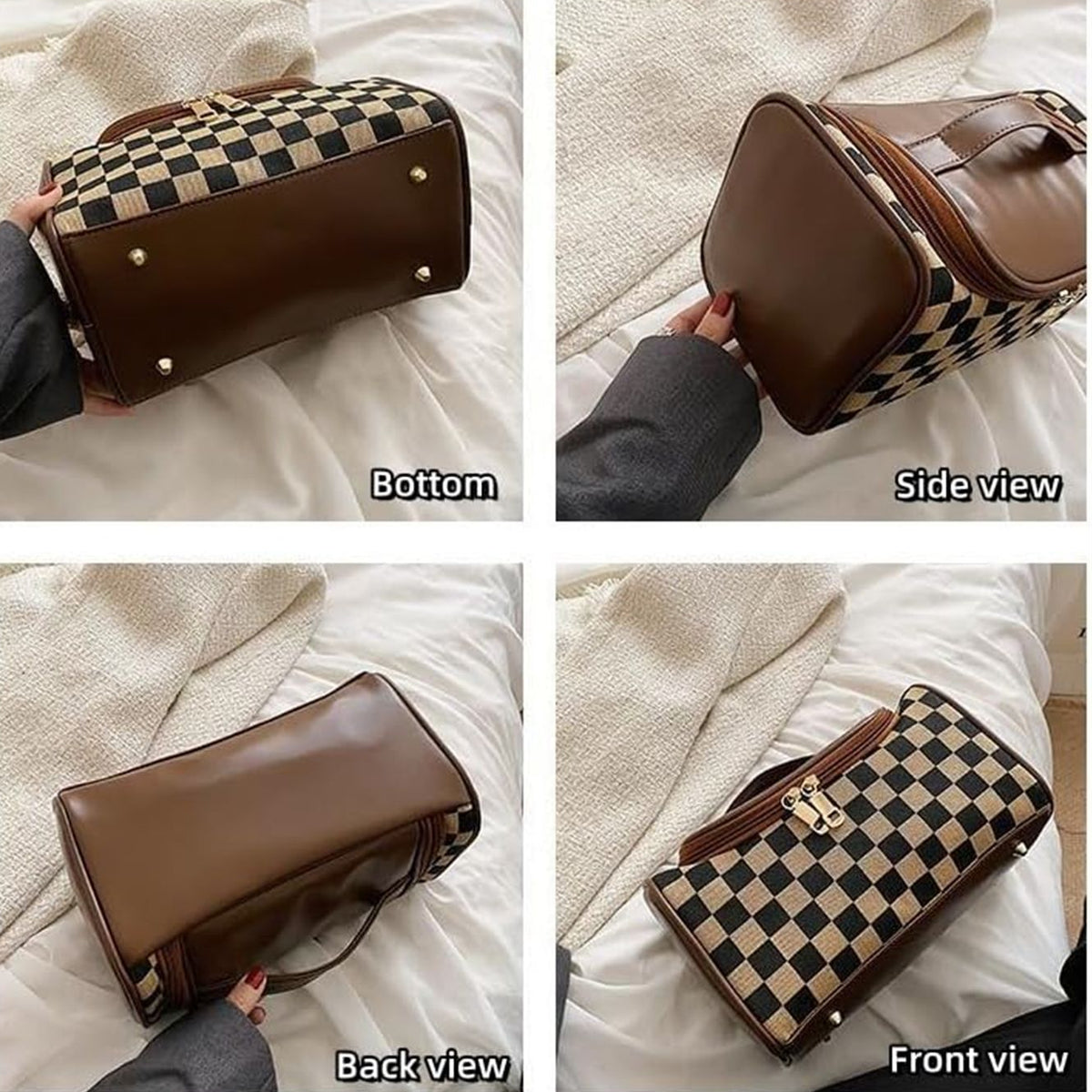 Checkered Travel Toiletry Bag With Handle - Coffee - 3