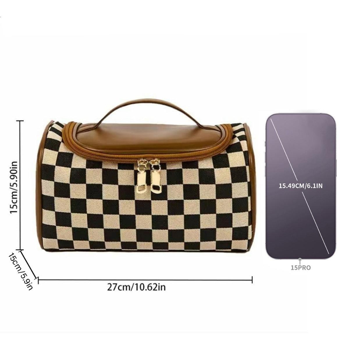 Checkered Travel Toiletry Bag With Handle - Coffee - 4
